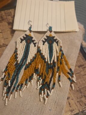 Handmade White, Gold & Teal Beaded Fringe Earrings